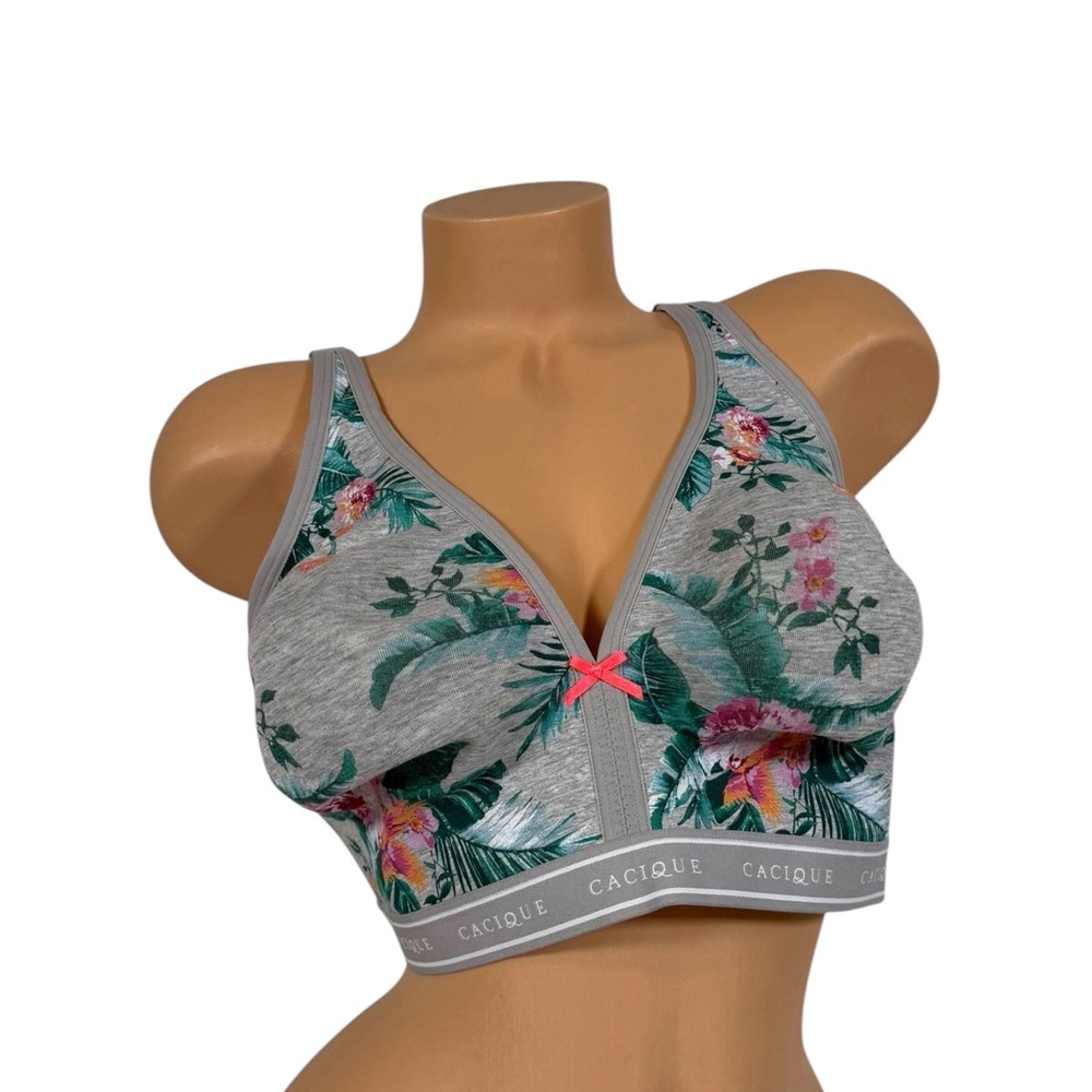 Cacique Women's 52B Tropical Floral Wireless Bra Gray Full Coverage Unlined